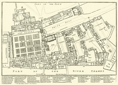 En reduceret kopi af Fishers Ground Plan af Royal Palace of Whitehall, taget under Charles 2nds regeringstid, 1680 af English School